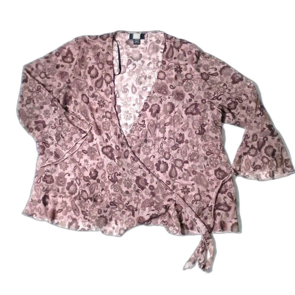 Studio 1940 Womens Purple Floral Blouse Large Short Sleeve Tunic Top Shirt Open